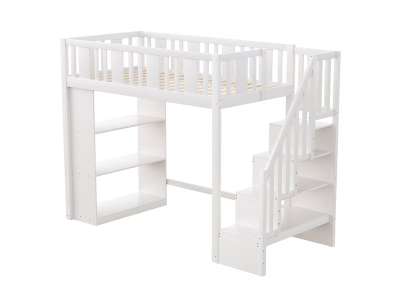  Lit mezzanine avec escalier-rangement, bois blanc, 90x200 cm, grands compartiments intégrés  - Conforama D