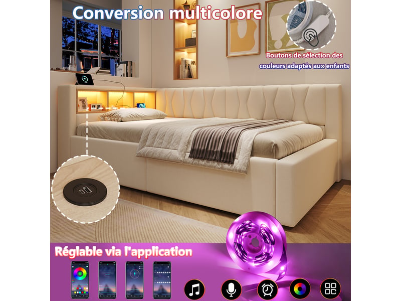  Lit de jour canapé-lit, 90 × 200 cm, beige, lin et mdf, coffre hydraulique, rangements, led, usb, sans matelas  - Conforama D