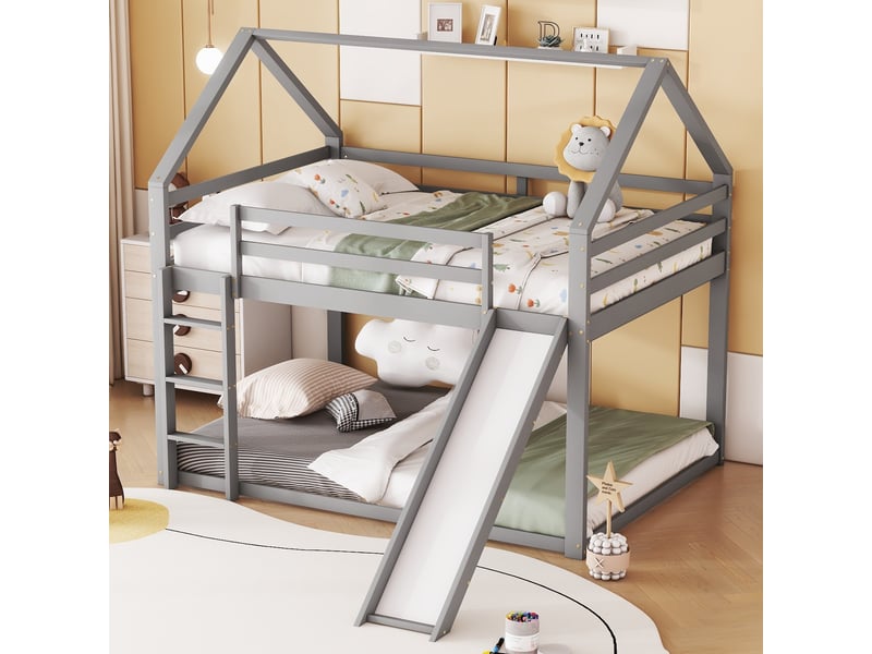 Lit superposé cabane avec toboggan, lit enfant double 140x200 gris en bois massif, avec échelle et sommier à lattes inclus. - Conforama E
