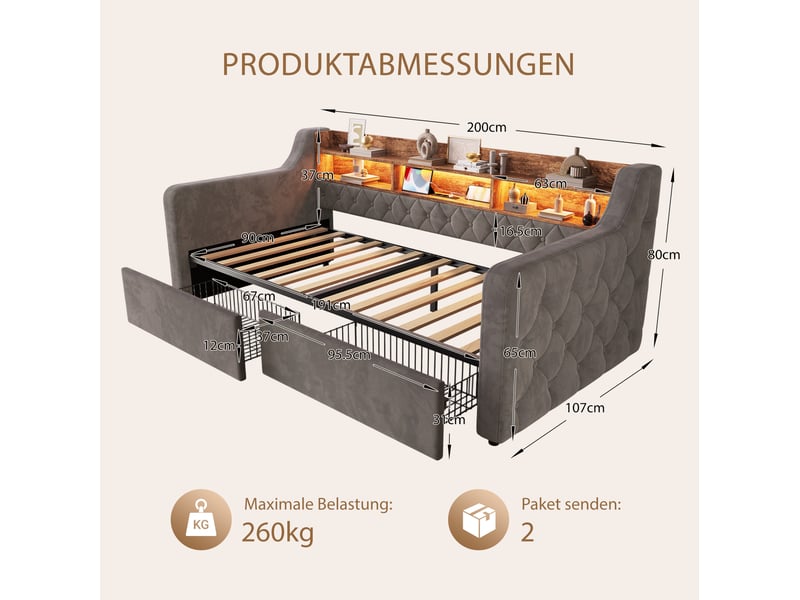  Lit 90x190 cm avec led, usb et type-c, tête de lit avec rangement, 2 tiroirs, gris sans matelas  - Conforama B