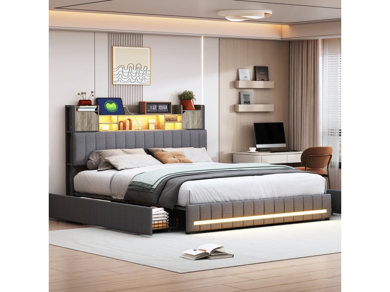  160 x 200 cm lit coffre rembourré avec tête de lit intégrant des rangements et 4 tiroirs ; cadre de lit deux places moderne gris foncé avec bande led et ports usb (matelas non inclus) 240727HGY0302#ADHWsCXSefFRHF - Conforama B