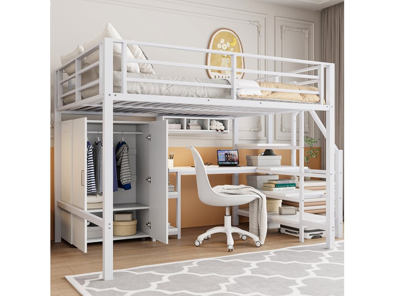  Lit mezzanine enfant 140x200 cm avec armoire, bureau et rangements, coloris blanc  - Conforama E