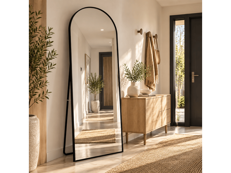 Miroir complet arqué 180 x 80 cm, miroir de sol avec support, miroir sur pied our chambre à coucher, salle de bain, entrée, couloir, noir - Conforama A