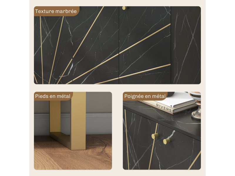  Meuble de rangement buffet salon avec 2 placards 3 portes et étagère réglable, aspect marbre noir, pieds en métal  - Conforama R
