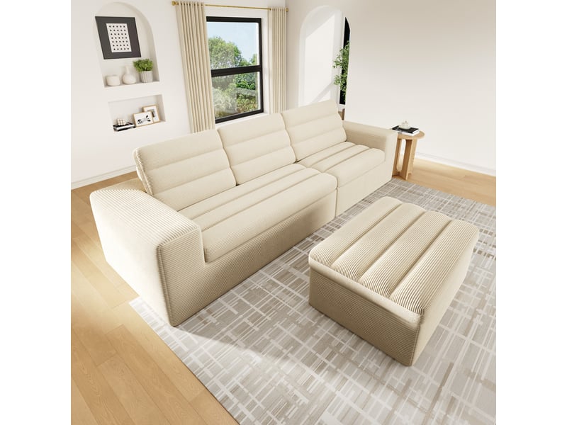  Canapé d'angle modulable 4 places avec pouf - canapé velours côtelé beige sans structure 253cm  - Conforama W