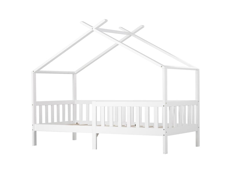  Lit cabane enfant 90x200cm bois pin massif blanc avec barrières - lit enfant - design maison toit triangle fsc sécurisé sans matelas  - Conforama A