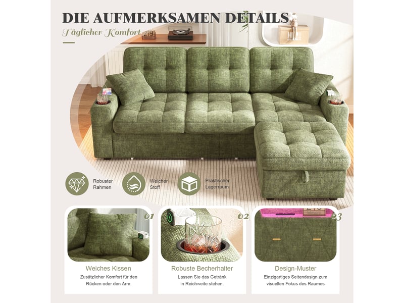 Canapé modulaire avec rangement, ports usb-c, led, porte-gobelets et ottoman de rangement, chenille verte - Conforama E