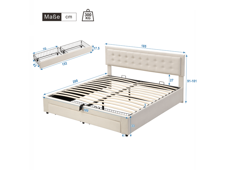  Lit coffre 180x200 cm en velours, rangement hydraulique avec tiroirs, tête de lit réglable, grand rangement, beige  - Conforama C