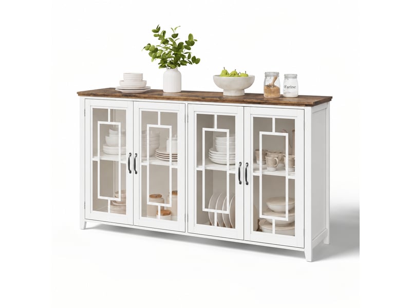  Buffet de cuisine 160 cm avec portes vitrées, rangement spacieux et plateau aspect bois, blanc et marron  - Conforama A