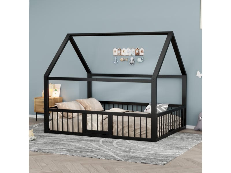  Lit cabane enfant 140 × 200 cm 2 places avec barrières et portillon, sans matelas, en métal, noir  - Conforama C