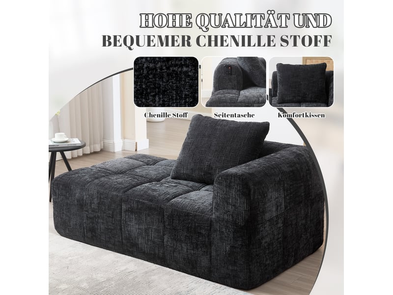  Méridienne fixe 1 place en tissu noir avec coussin et poches latérales, style contemporain pour votre salon  - Conforama D