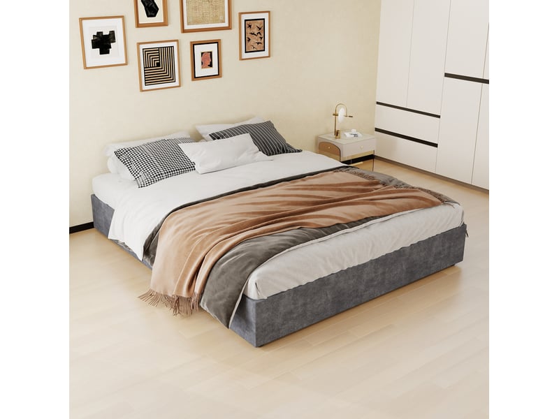  Lit coffre 160x200 cm gris en tissu velours, relevage hydraulique, sans tête de lit  - Conforama E