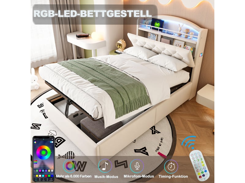  Lit enfant 90x200 cm en velours beige, multifonction avec rangement, led et usb  - Conforama B