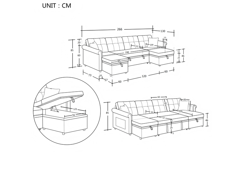  Canapé panoramique convertible en u 4 places 266x130x85 cm, couchage 240x124 cm, 2 coffres, assise profonde 109 cm, chenille beige  - Conforama C