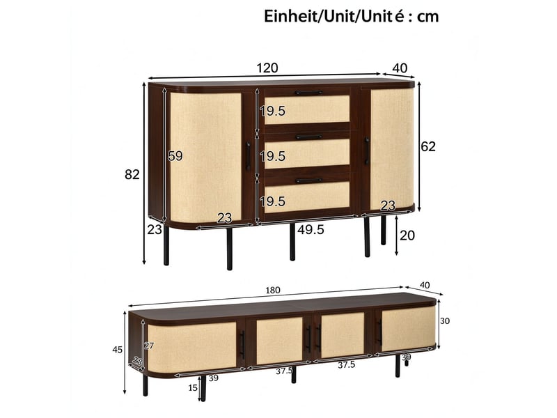 Ensemble de meubles salon 3 pièces, meuble tv 180x40x45 cm, buffet, meuble haut, façades tressées, mdf, noyer - Conforama C