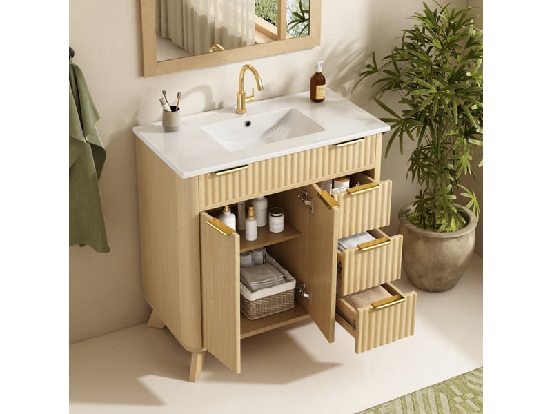  Meuble salle de bain 81 cm sur pied bois naturel avec vasque céramique, 3 tiroirs et portes effet vague  - Conforama W