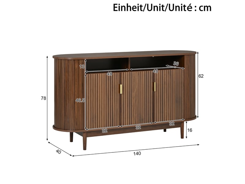  Buffet avec 3 portes, façade à lignes verticales, pieds en pin, pour salon ou salle à manger, noyer, 140 × 40 × 78 cm  - Conforama D