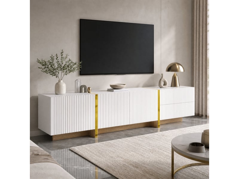  Meuble tv avec 3 portes et 2 tiroirs à fermeture douce pour salon 190×35×45 cm en mdf blanc et or  - Conforama B