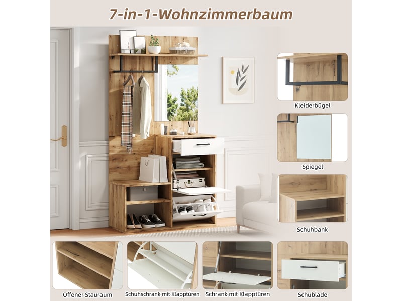  Vestiaire d'entrée avec miroir et banc à chaussures blanc et bois 100x38.5x190 cm N625P298568569Z - Conforama D