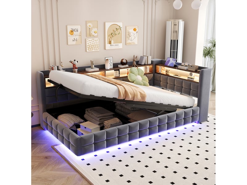 Lit banquette enfant 90x200 cm, lit avec rangement, éclairage led, gain de place, prises usb, finition velours gris foncé, sans matelas - Conforama B