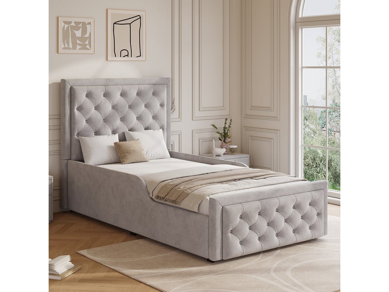  Lit enfant 90x200 lit coffre avec rangement velours gris sommier inclus  - Conforama B