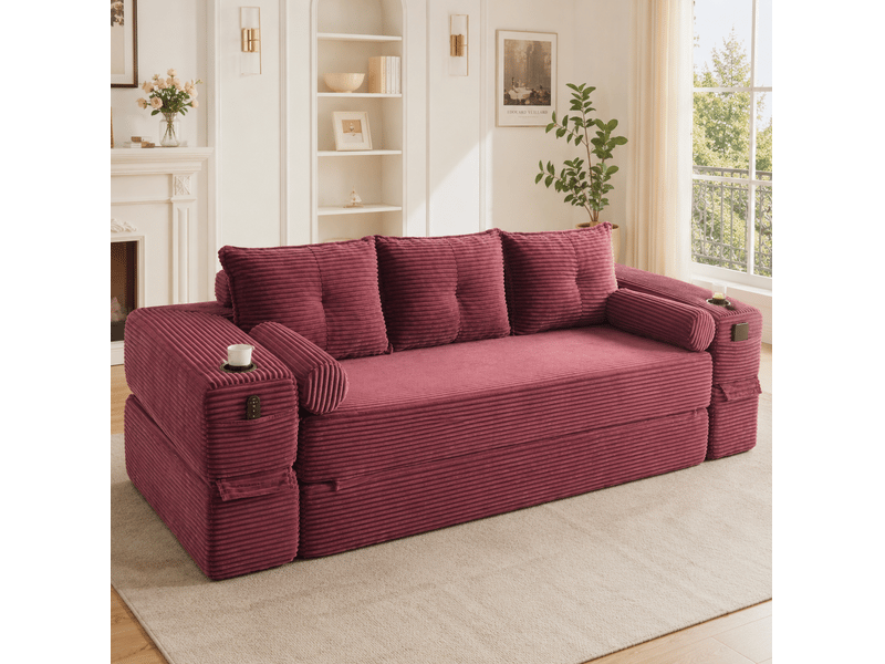  Canapé convertible 3 places avec poches, porte-gobelets et coussins à mémoire de forme, en velours côtelé rouge  - Conforama B