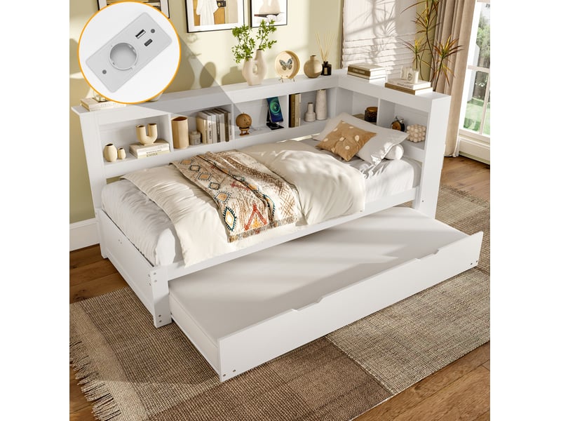  Lit gigogne 90x200 cm avec prise et 2 ports usb, blanc  - Conforama C