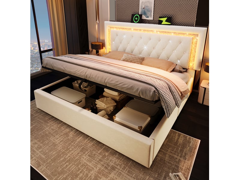 Lit coffre adulte 160x200 cm – beige – led, ports usb et type-c, rangement hydraulique, matelas inclus - Conforama B