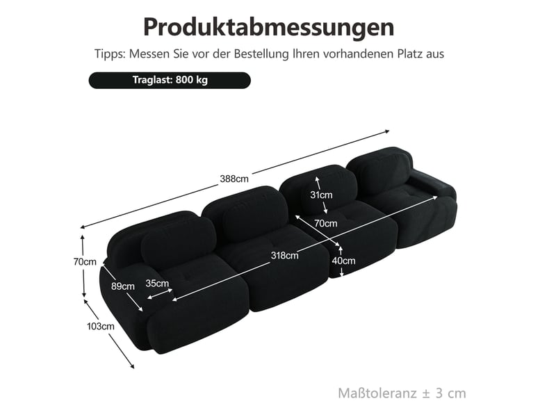  Canapé modulaire 388x103x70cm 4 places, accoudoirs galbés, montage simplifié, sans cadre, salon, velours côtelé, noir  - Conforama C