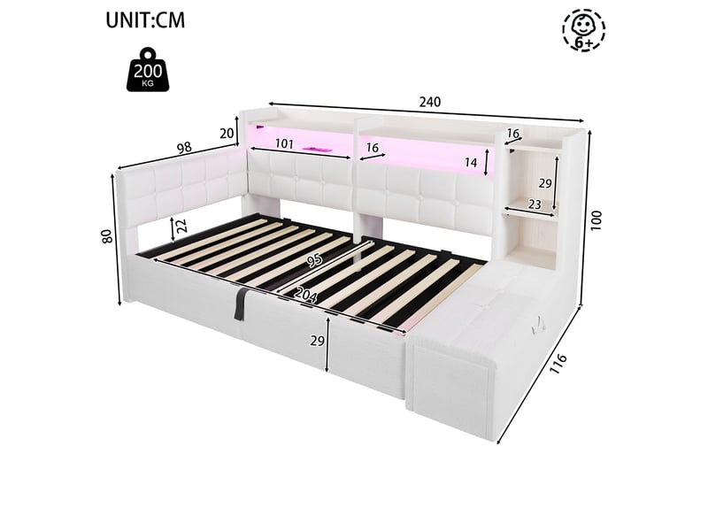  Lit coffre hydraulique 90x200 cm avec led multicolore, usb et usb-c et banc coffre, velours blanc, sans matelas  - Conforama C