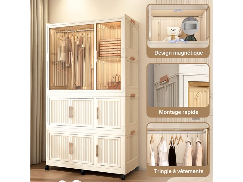  Armoire modulable en plastique pp, 9 portes magnétiques, penderie et 8 espaces de rangement, 6 roulettes avec frein, beige OMNIGLINT TRADING LTD - Conforama E