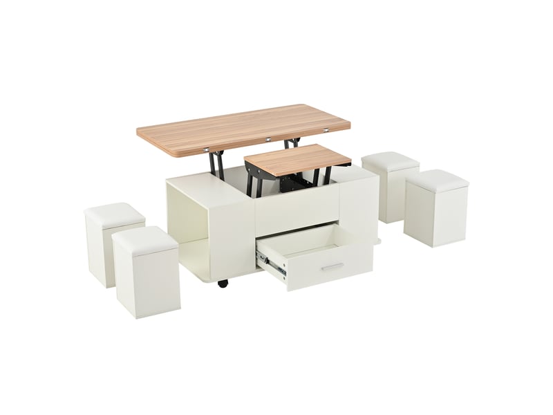  Table basse réglable en hauteur, table d'appoint mobile, table basse multifonctionnelle 4 en 1 transformable en table de salonsalle à manger, table basse avec tiroirs, avec 4 tabourets, coloris blanc et bois naturel  - Conforama E
