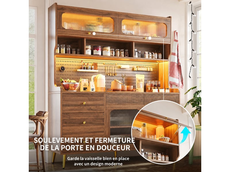 Meuble de cuisine muvano, buffet haut avec éclairage intégré, couleur noyer, 145 x 39 x 171 cm  - Conforama C