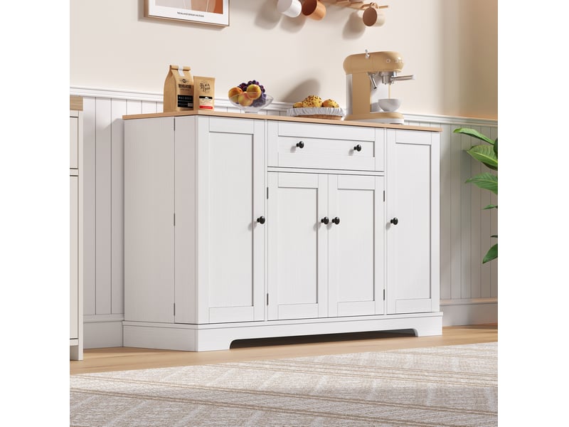  Buffet de cuisine 138 x 40 x 85 cm blanc et naturel en mdf, 4 espaces de rangement avec tiroir et portes latérales  - Conforama E
