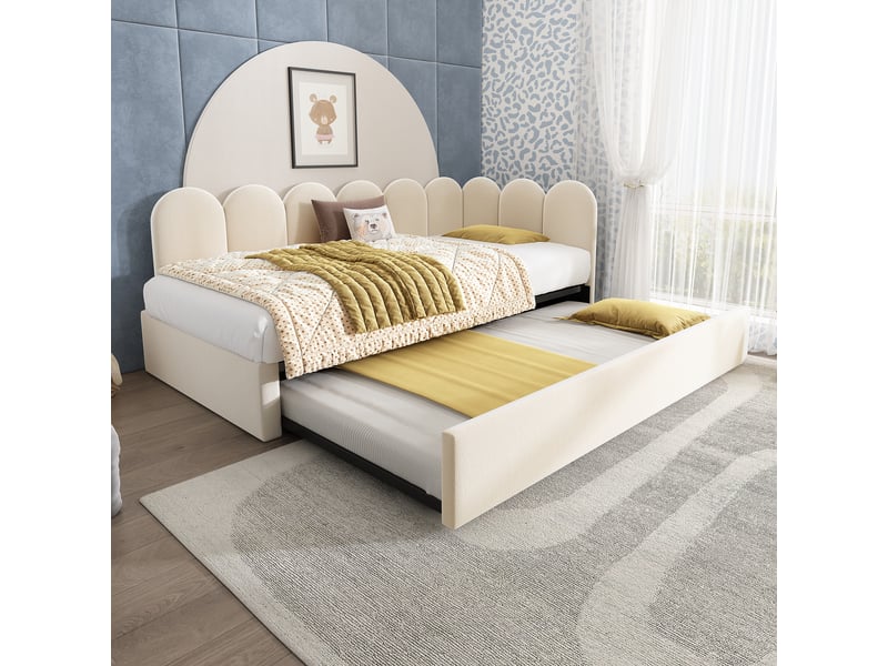  Lit banquette 90 × 200 cm, lit gigogne 90 × 190 cm, dossier capitonné, revêtement en velours, sans matelas, beige  - Conforama D