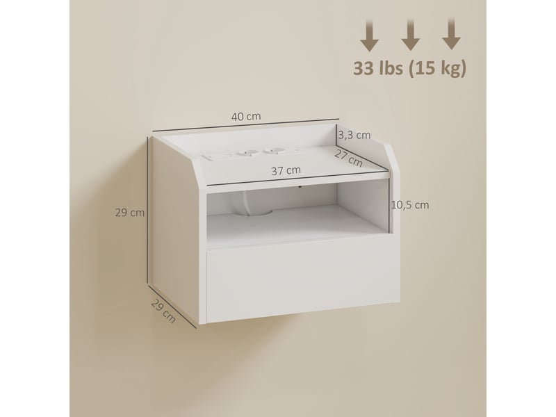  Ensemble de 2 tables de chevet suspendues avec station de charge, tiroir et étagère ouverte, 40 x 29 x 29 cm, blanches  - Conforama E