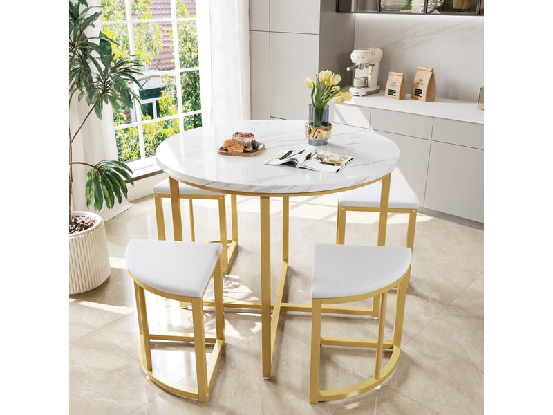  Ensemble table à manger et 4 chaises, table ronde blanche en mdf 80 cm, sièges en velours et structure métallique dorée  - Conforama C