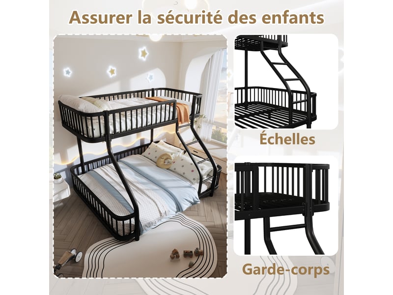  Lit superposé 90x200 cm et 140x200 cm en fer avec barrières de sécurité, échelle et certification en747, noir.  - Conforama E