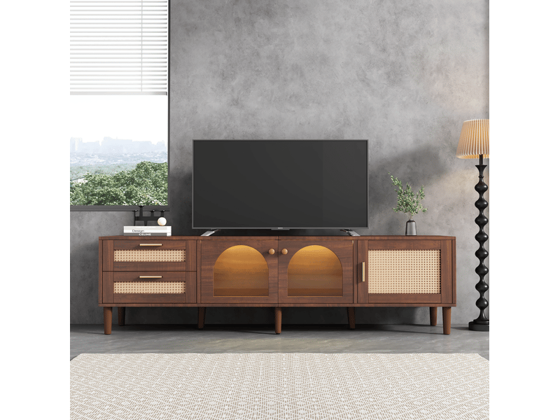  Meuble tv 180 cm marron avec led, 2 tiroirs en rotin et 3 portes, pour tv 80 pouces  - Conforama E