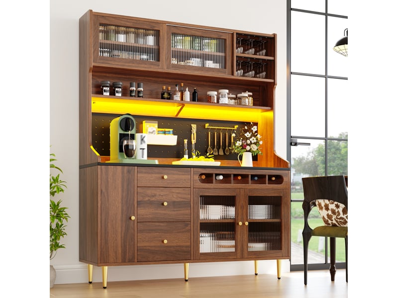  Buffet haut 145 x 39 x 171 cm avec led, étagères réglables et range-bouteilles noyer  - Conforama E
