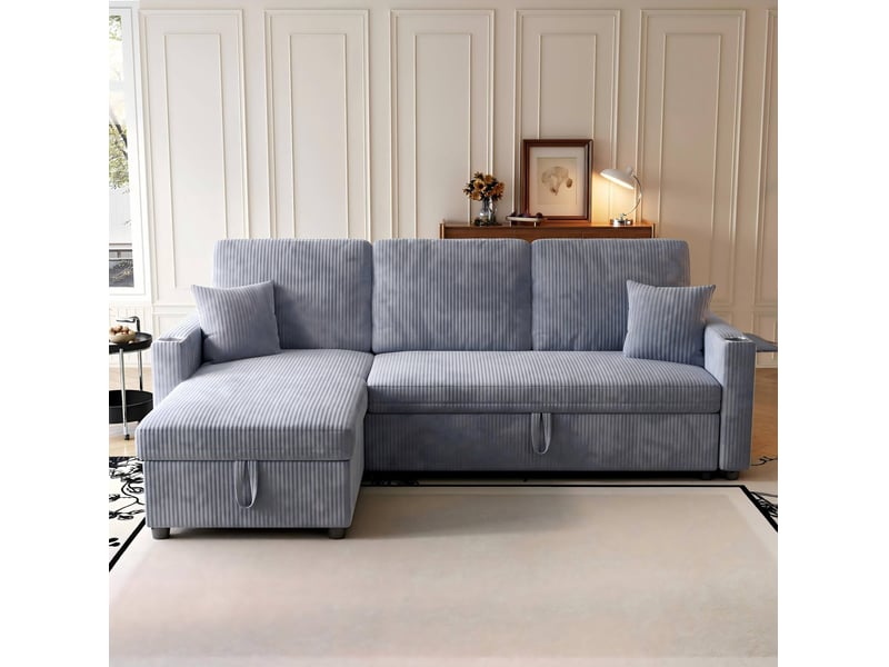  Canapé d’angle convertible 3 places en velours côtelé gris avec rangement, ports usb et type-c, table d’appoint  - Conforama B