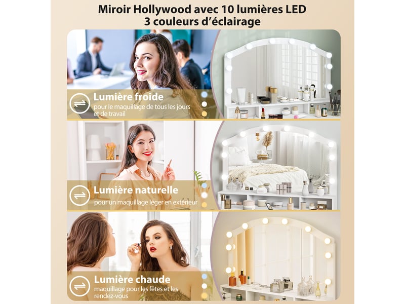  Coiffeuse avec miroir led 7 tiroirs et 3 compartiments blanc 110 x 40 x 150 cm  - Conforama D