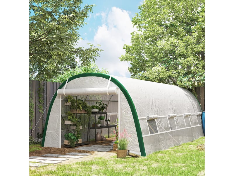 Serre tunnel 6 x 3 x 2 m avec porte enroulable, 8 fenêtres grillagées et structure en acier galvanisé blanc - Conforama D