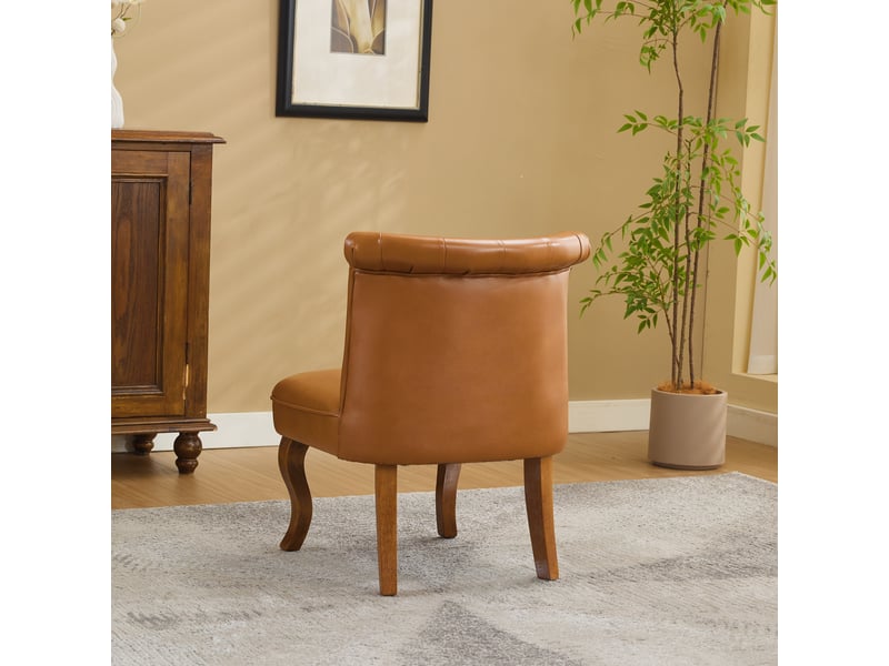  Chaise de salle à manger en cuir avec dossier capitonné et pieds en bois, style moderne, brun clair  - Conforama D