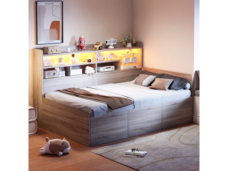 Canapé-lit avec rangement 90 x 200 cm – avec étagères – avec compartiments de rangement – avec éclairage led – naturel (matelas non inclus) - Conforama E