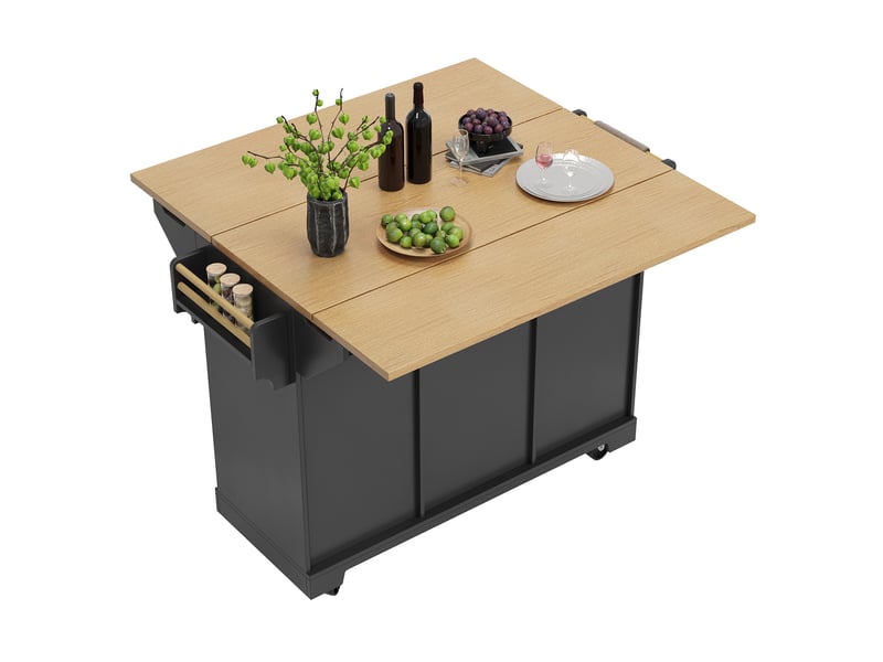  Îlot de cuisine 142,5x40(80)x95 cm, 3 tiroirs, 2 portes et plateau pliable, pour cuisine, en mdf et métal, bois et noir  - Conforama E