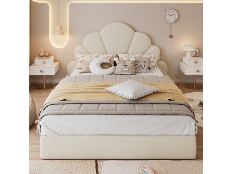  Lit double rembourré avec tête de lit incurvée avec pétales incurvés, cadre de lit moderne, velours, beige, 140x200 cm Home Enjoy DE - Conforama B