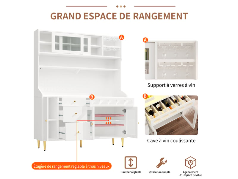 Buffet de cuisine-buffet haut led avec cave à vin et portes vitrées - vaisselier moderne avec étagères réglables 145x39x171cm-blanc  - Conforama D