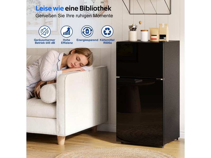 Réfrigérateur 60 litres 38l+22l, noir【vérifiez les dimensions】, réfrigérateur congélateu avce éclairage led et deux porte vitrée N635P416591S - Conforama E