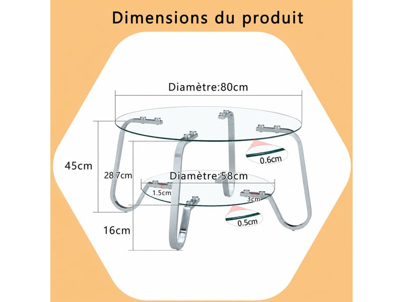 Table basse ronde double niveau – métal argenté et verre trempé – ø 80 x h 45 cm  - Conforama D